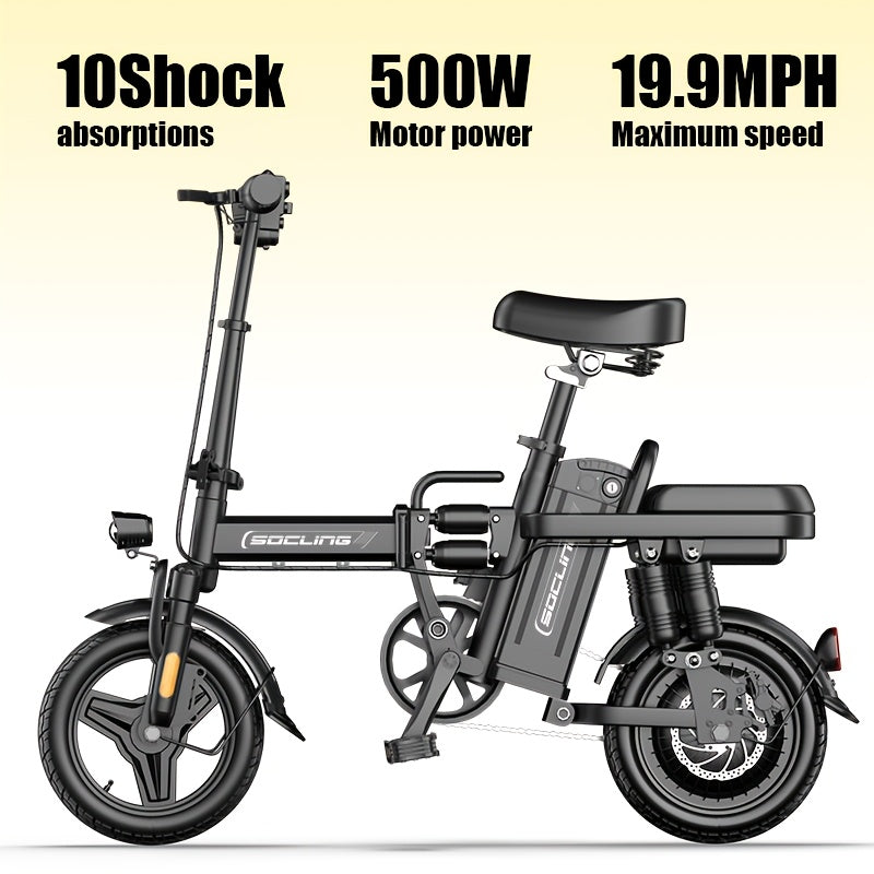 14" Lightweight And Foldable E-Bike, Max Load Capacity Of 330LBS, Rear Disc Brakes, 500W Motor, Up to 19.9MPH Speed, 6-hour Fast Charging, with Anti-theft Battery, Two Models Optional, for Commuting