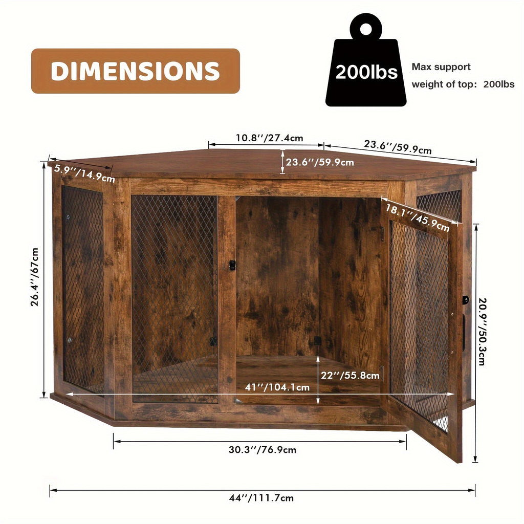 Corner Dog Crate Furniture, 44 Inch Wooden Dog Kennel End Table with Mesh, Decorative Pet Crate Dog House for Large/Medium/Small Dog Indoor Use