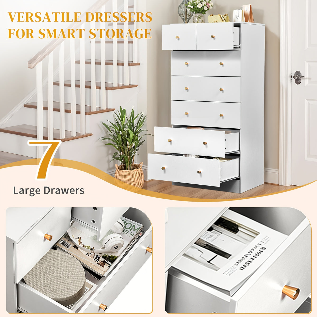 Bonnlo Dresser Featuring Seven Drawers, Wooden Chest of Drawers, Contemporary Storage Organizer Nightstand for The Bedroom