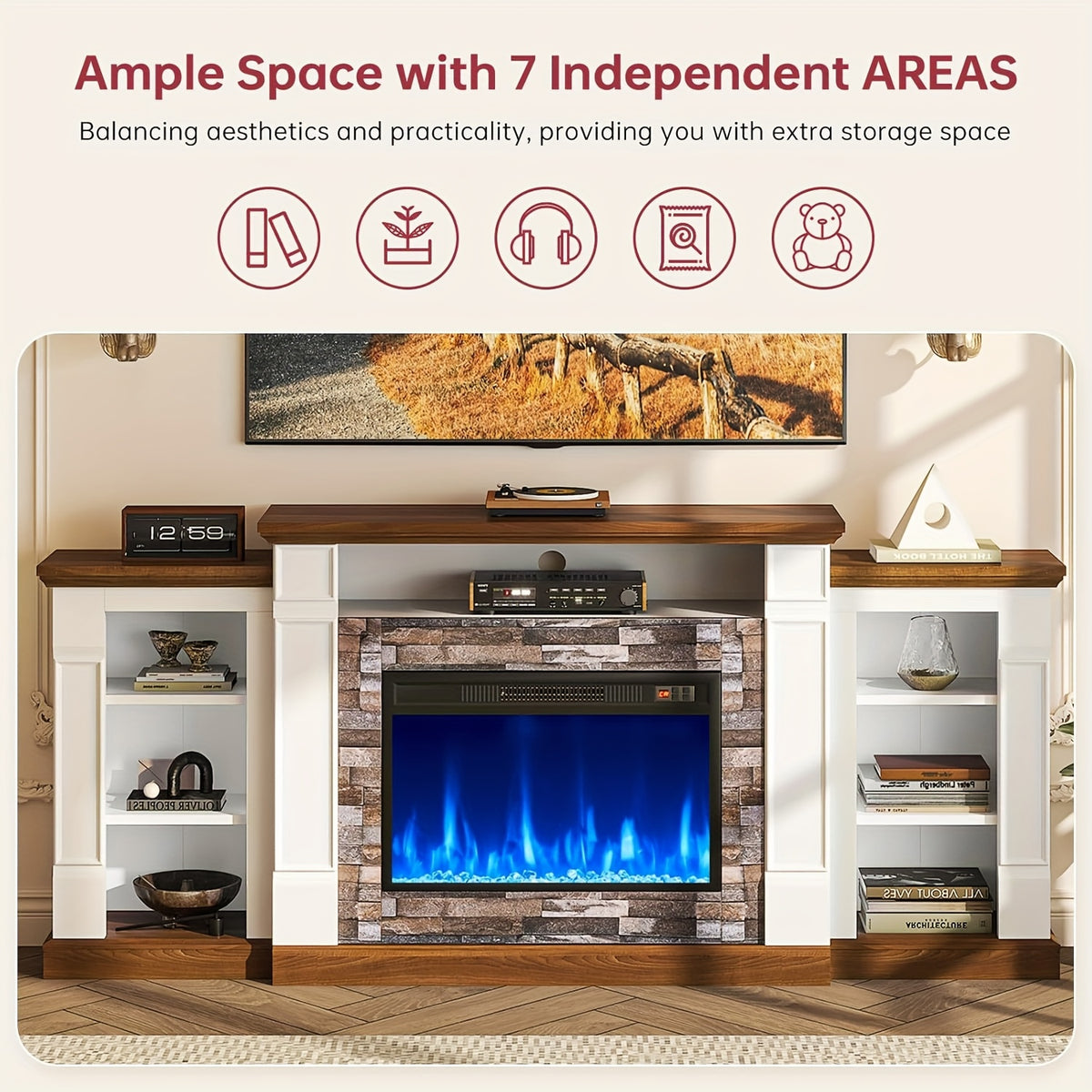 A 70-Inch Television Stand Featuring an Electric Fireplace And Mantel, This Modern Entertainment Unit Provides Open Storage, Remote Control, Adjustable Flames, And LED Lighting, Making It Perfect for Living Rooms And Bedrooms