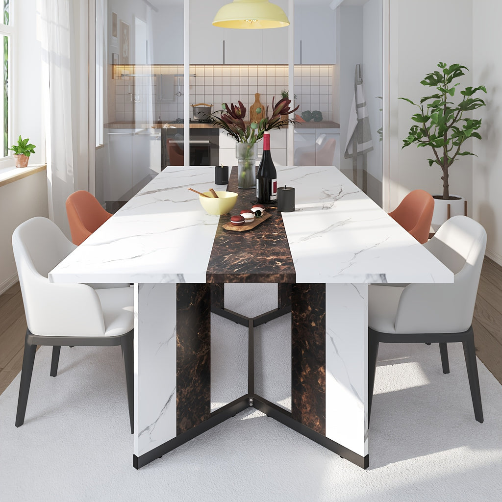 Luxurious 71-Inch Large Rectangular Dining Table with Marble-Color Wood Top, Adjustable V-Shaped Legs, Waterproof and Scratch-Proof for 4-7 People - Ideal for Family Dinners, Office, Kitchen, Living Room