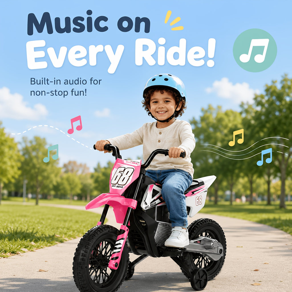 12V Kids'Ride-On Motorcycle, Upgraded Dual Motors, Training Wheels for Safety, Twist Throttle Control & Built-in Music, Perfect Gift for Kids Ages 3+