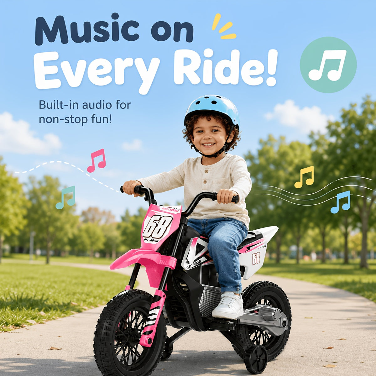 12V Kids'Ride-On Motorcycle, Upgraded Dual Motors, Training Wheels for Safety, Twist Throttle Control & Built-in Music, Perfect Gift for Kids Ages 3+