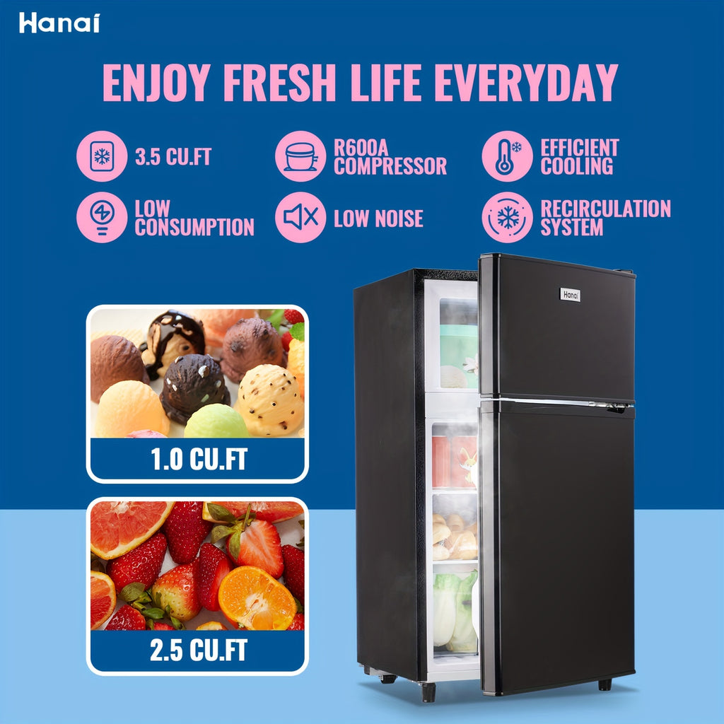 WANAI Double Door Small Refrigerator with Freezer-On-Top, 3.5 Cubic Feet Mini Fridge with 7-Level Adjustable Thermostat for Office, Dorm, Bedroom, Home And Apartment