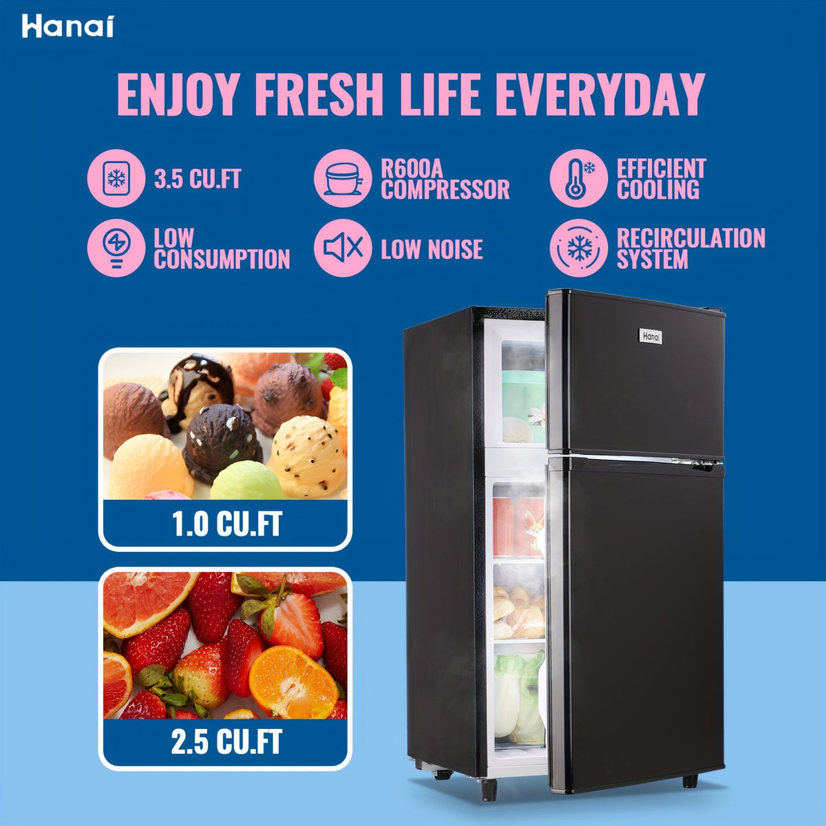 WANAI Double Door Small Refrigerator with Freezer-On-Top, 3.5 Cubic Feet Mini Fridge with 7-Level Adjustable Thermostat for Office, Dorm, Bedroom, Home And Apartment