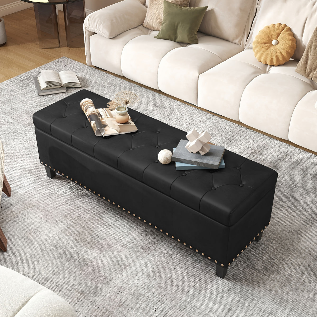 51-Inch Storage Ottoman Bench, Upholstered End of Bed Ottoman Bench with Storage and Seating, Large Faux Leather Bench for Foot Rest in Bedroom, Living Room, Entryway, Hallway