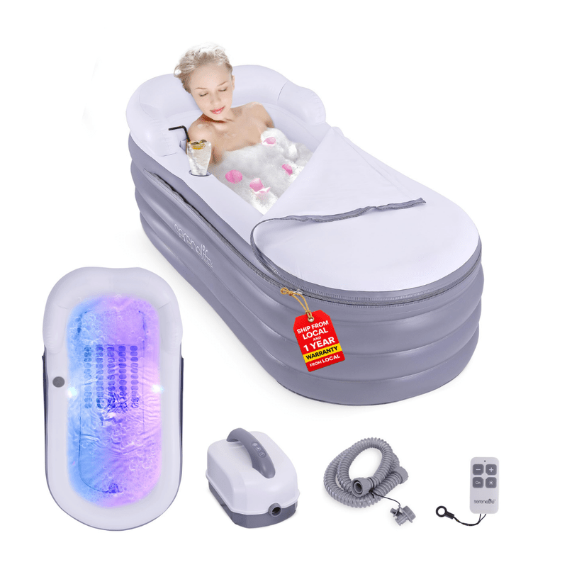 SereneLife Inflatable Bathtub with Bubble Massage Mat, Matching Inflatable Pillow, Cup Holder, and Remote Control for Body and Spa