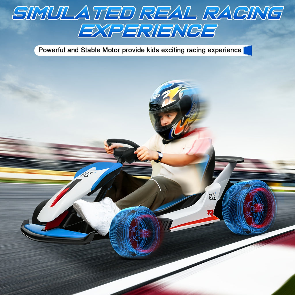 Kids Electric Ride-On Car with 4 PP Foam Tires, 110LBS Max Load, 5-Point Seat Belt, Music Mode & Dual Brake - Exciting Racing Experience for Ages 6+ (Red/Blue)