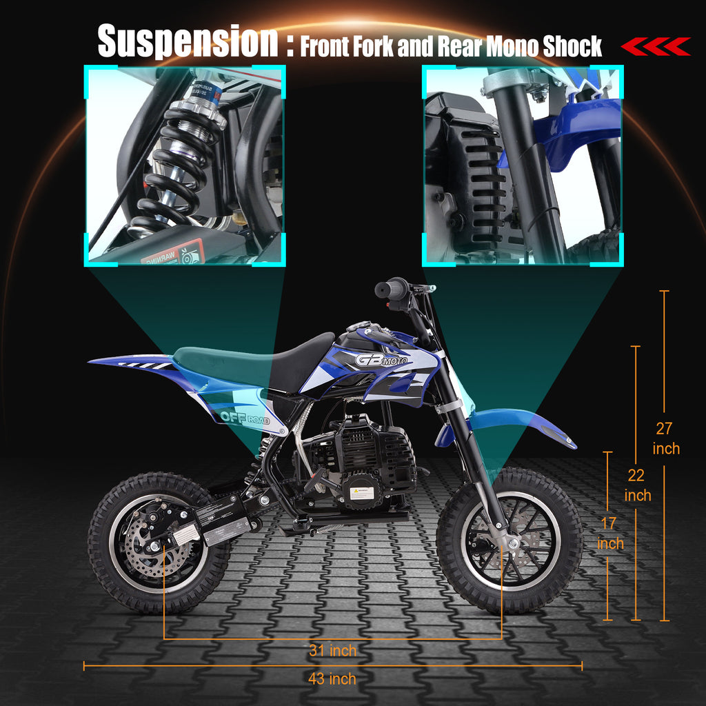 Mini Dirt Bike, 49 CC 2-Stroke Gas Bike (Model :DB001) with Off-Rode Tire, Suspensions, Disc Brakes, Max Load 160Lbs, Up to 20Mph-Included: gloves, face mask, cycling protective gear, cycling boots, and anti-theft lock.