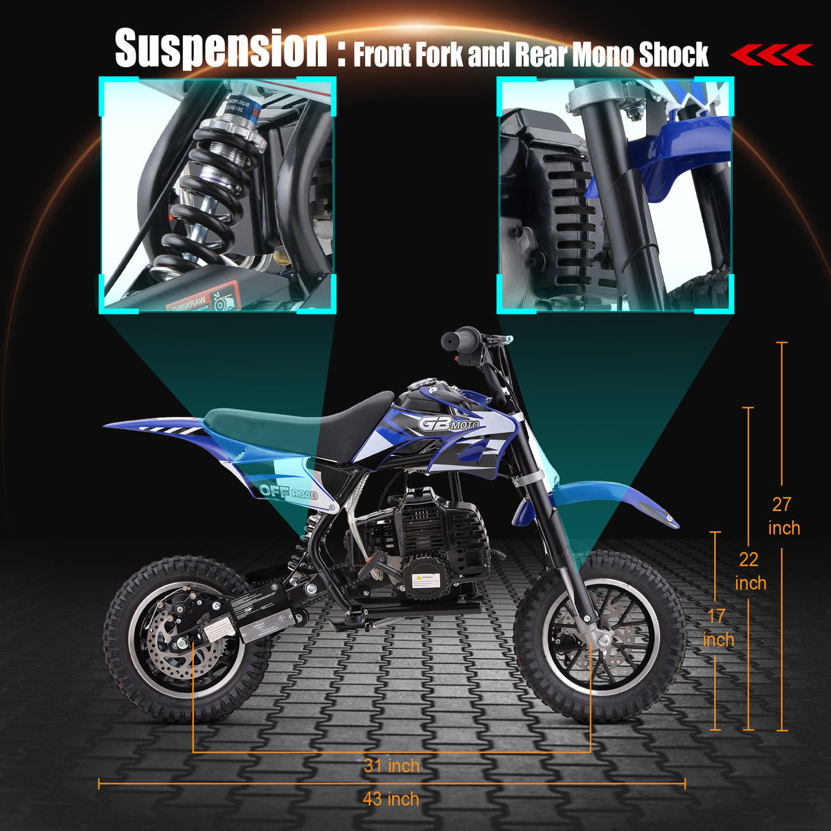 Mini Dirt Bike, 49 CC 2-Stroke Gas Bike (Model :DB001) with Off-Rode Tire, Suspensions, Disc Brakes, Max Load 160Lbs, Up to 20Mph-Included: gloves, face mask, cycling protective gear, cycling boots, and anti-theft lock.