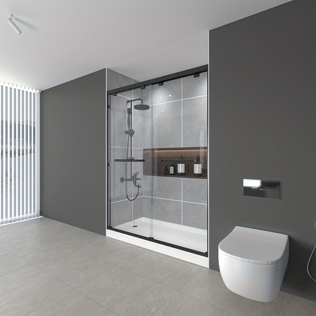 56-60" W x 72" H Modern Double Sliding Shower Door - 1/4" (6mm) ANSI/SGCC Tempered Glass, Fingerprint-Resistant, Matte Black/Brushed Nickel Aluminum Frame & Stainless Steel Hardware, Heavy-Duty Sliding Mechanism, Clear Glass Panels for Bathroom, Spa, Hote