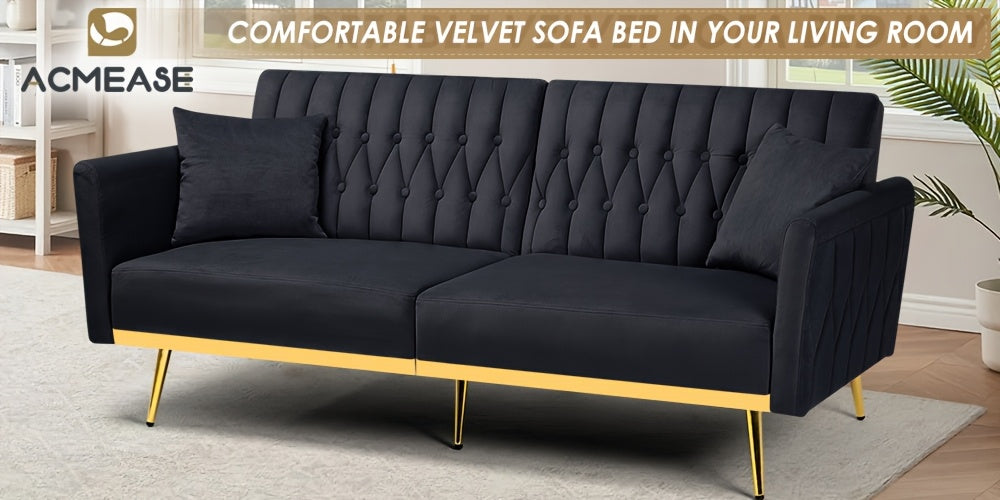 ACMEASE 70-Inch Velvet Convertible Sofa Bed with 2 Pillows, Adjustable Backrest And Armrest Tufted Sleeper Sofa with Golden Metal Legs for Living Room