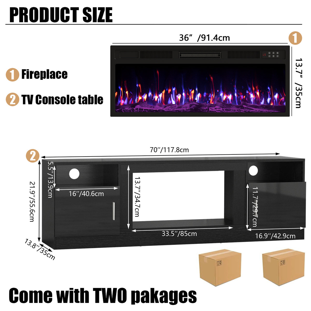 70“ Fireplace TV Stand with 36" Electric Fireplace Up to 80" TVs, Led Entertainment Center with High Glossy Doors, Modern Wood Media TV Console for Living Room