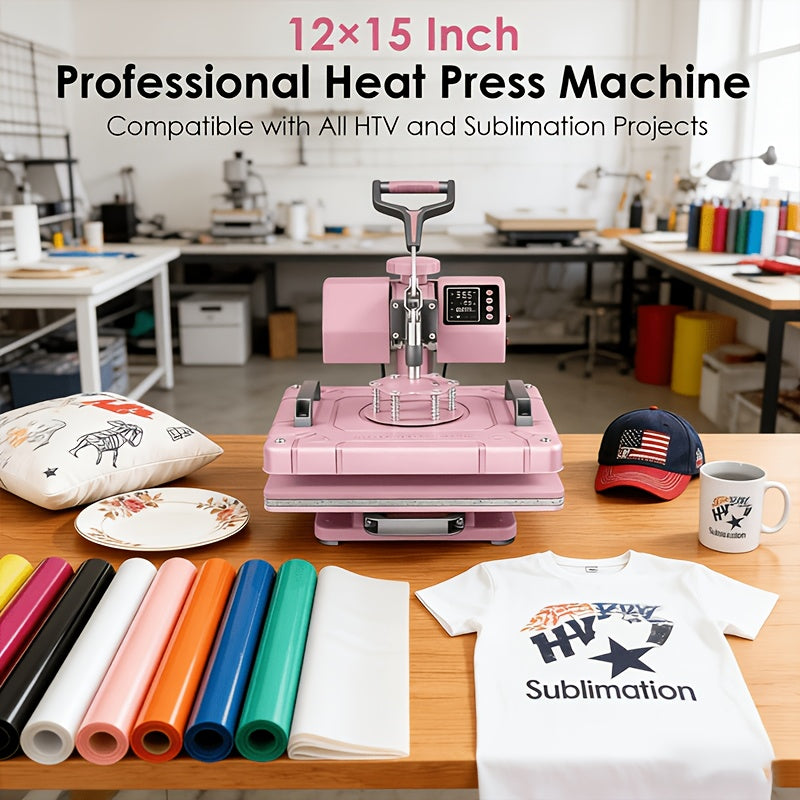 12x15 Inch 5in 1 Heat Press Machine, 360° Swing Away Sublimation Heat Press with 20oz & 30oz Tumbler Attachments, Multifunctional for T-Shirts, Mugs, Hats And Plates, Pink