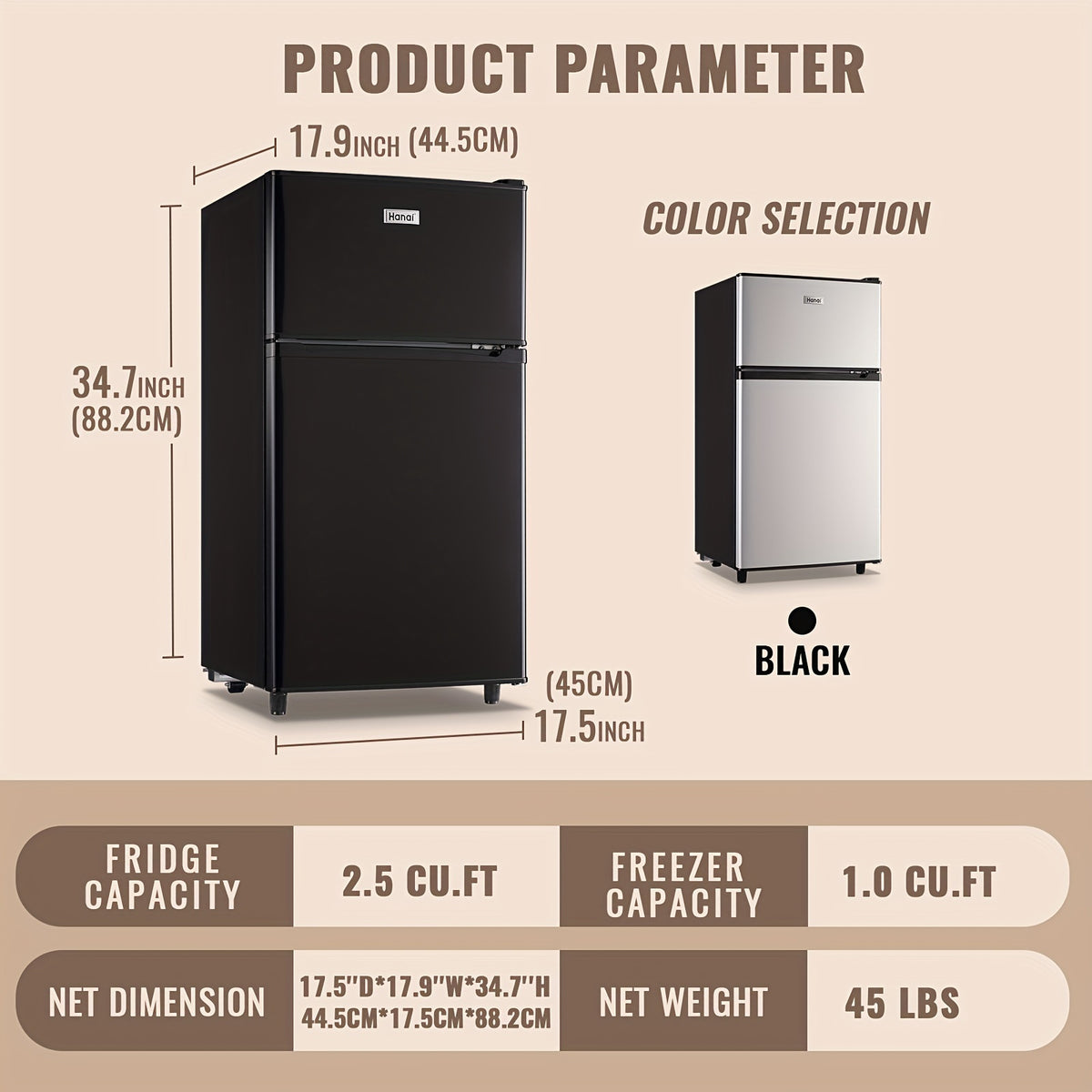 WANAI Double Door Small Refrigerator with Freezer, 3.5/4.5/5.0 Cu.Ft Small Fridge with 7 Level Adjustable Thermostat & Removable Shelves, Mini Refrigerator for Kitchen Apartment And Office, Silvery
