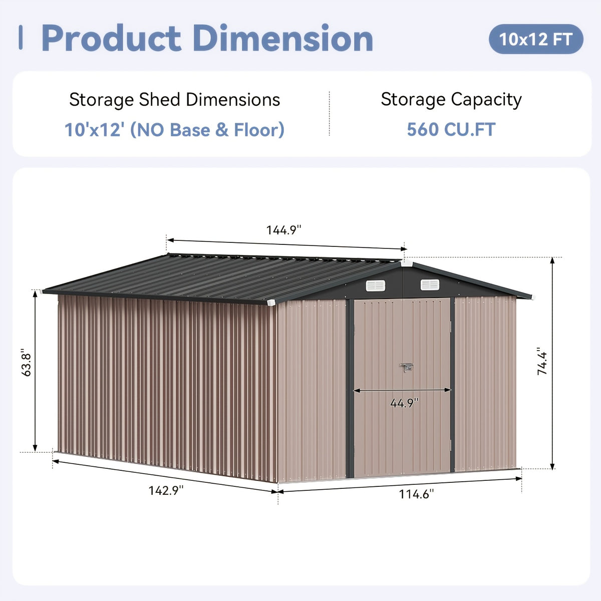 6X4/8X6/10X8/10X12Ft Gable Roof Metal Storage Shed, Heavy Duty Outdoor Garden Shed with Lockable Doors And Vents, Weather-Resistant Utility Shed for Backyard Tools, Brown/Black