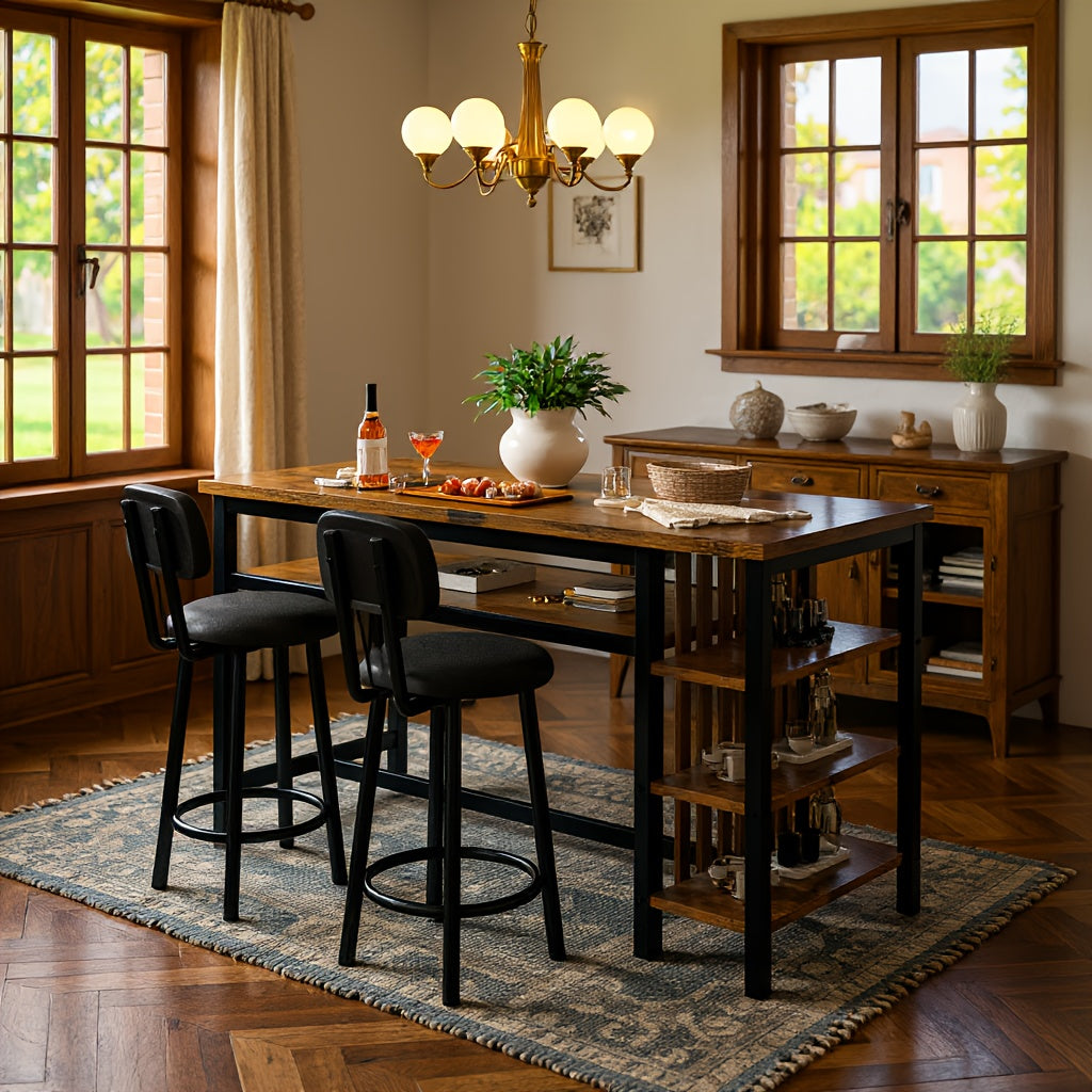 3pcs Dining Room Table Set with Faux Leather Upholstered Bar Stools, Modern Farmhouse Style Dining Table Set with Multiple Tier Storage Shelves, MDF Table Top and Metal Frame, Counter Height Breakfast Nook Table Set for Small Spaces Family