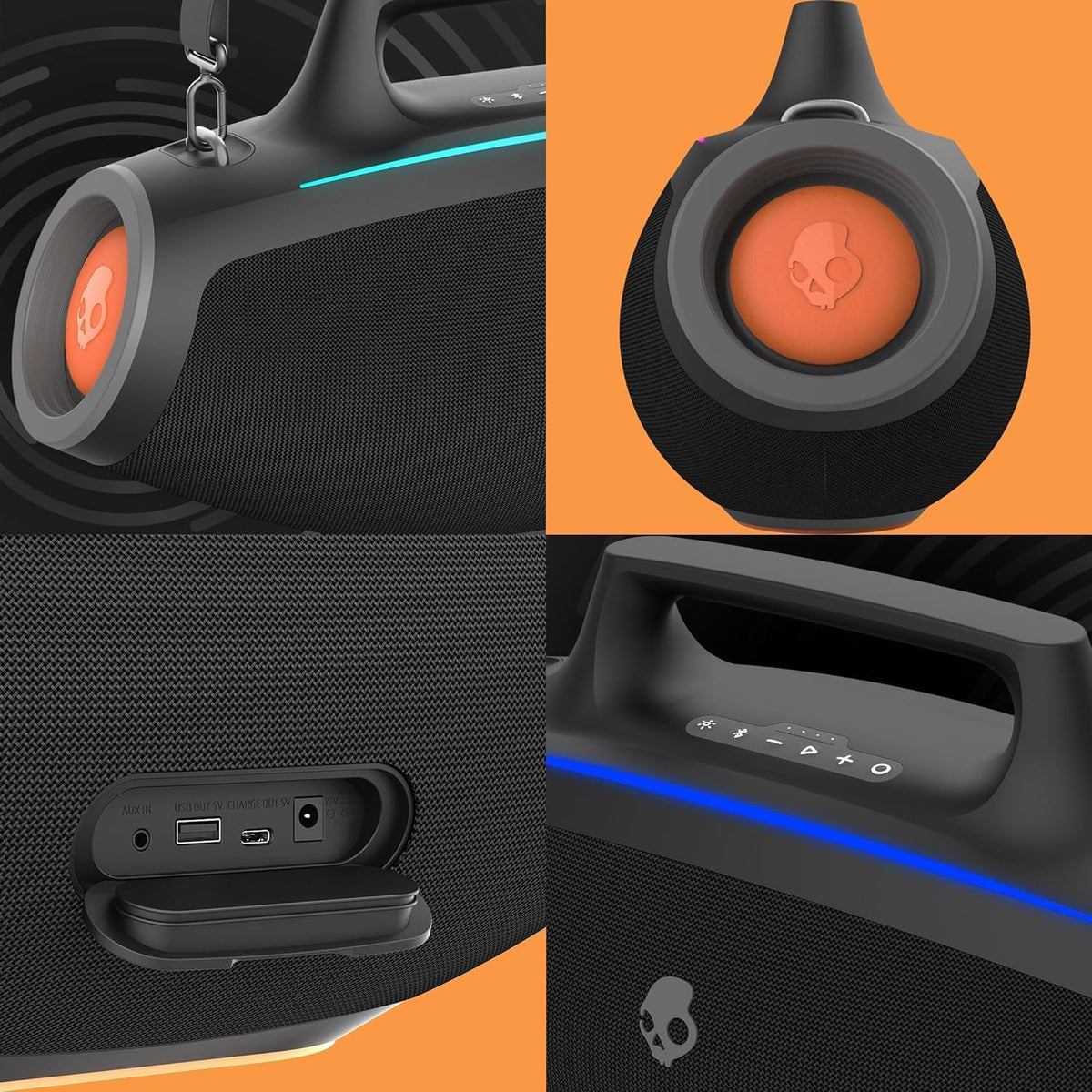 Skullcandy Barrel Bluetooth Boombox Speaker with LED Lightshow Mode – Water-Resistant Wireless Portable Speaker, Party Speaker, Outdoor Speaker, with USB-C & USB-A Charging Output, Carry Strap Not Included (Black) (80% New)