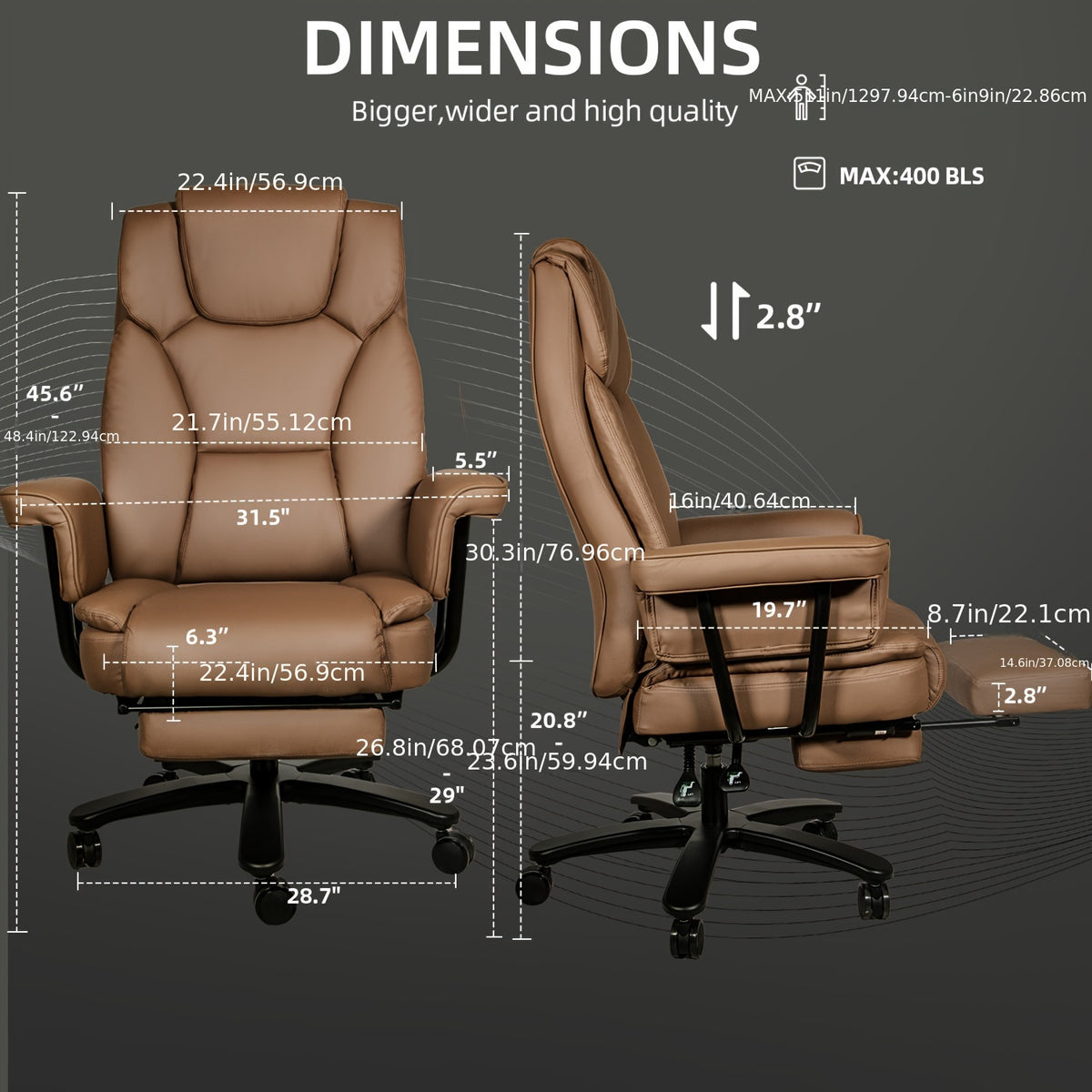 Executive Office Chair — 160° Recline and Footrest for Spacious 400LB Home Office Seating with Casters