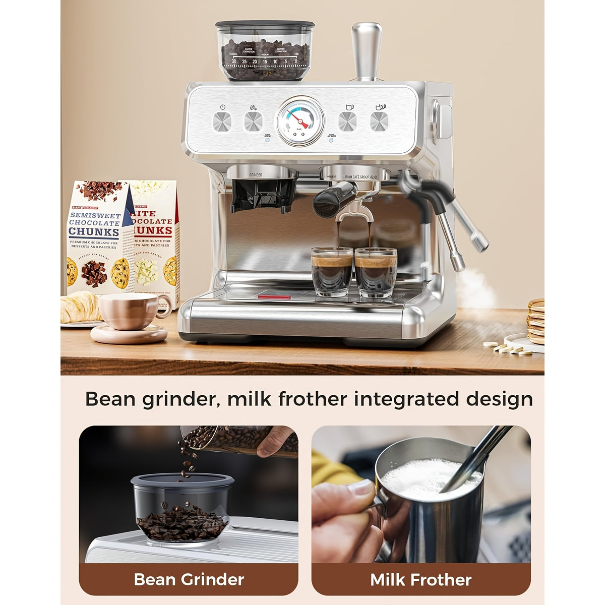 20 Bar Espresso Machine with Built-In Grinder, Professional Cappuccino And Latte Machines with Milk Frother, 3-In-1 Stainless Steel Espresso Coffee Maker for Home, Office, Or Cafe