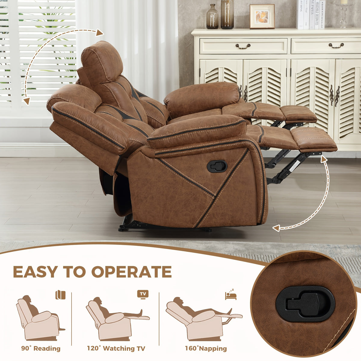Faux Leather Manual Recliner Set: 3-Seat Sofa, Loveseat, Recliner Chair for Living Room And Meeting Room