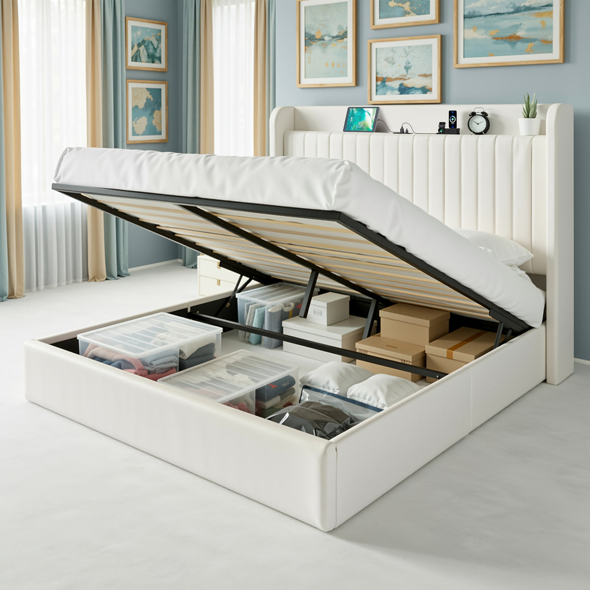 WEEWAY Lift Up Storage Bed Frame, Velvet Vertical Channel Headboard, Charging Station, Hydraulic Support, Noise-Free Wooden Slats, No Box Spring Needed, Bedroom Furniture, Masterroom, Guestroom, White, Black, Cream, Grey, Free Shipping