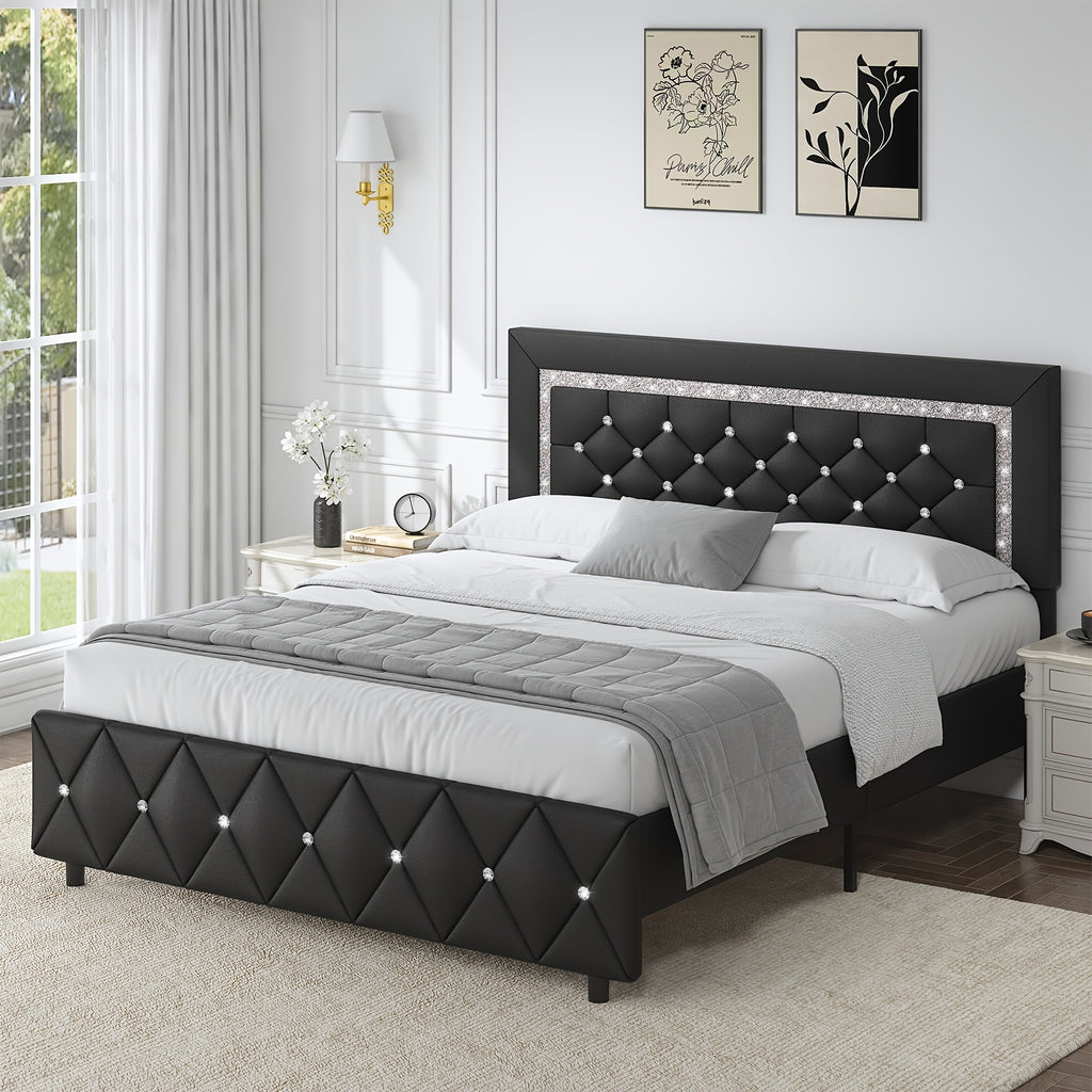 Halloween Twin Full Queen King Upholstered Bed Frame, Diamond Tufted Headboard, Faux Leather Bed Frame With Headboard & Footboard, Wooden Slats Support, No Box Spring Needed, Easy Assembly, Black/White/Pink/Green Christmas