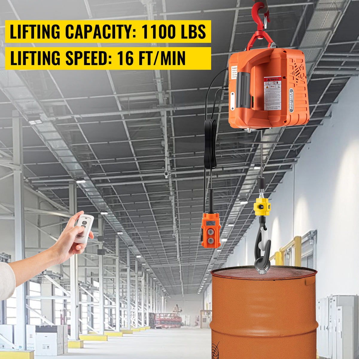VEVOR 3-in-1 Electric Hoist Winch, 1100lbs Portable Electric Winch, 1500W 120V Power Winch Crane, 25ft Lifting Height, w/Wire and Wireless Remote Control, Overload Protection for Lifting Towing