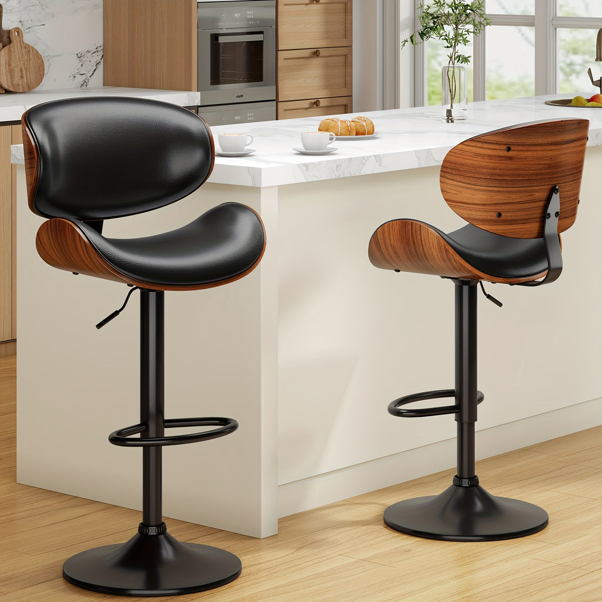 3pcs Modern Faux Leather Upholstered Bar Stools, 360° Swivel Adjustable Height with Backrests, Metal Tall Bar Stools Counter Height for Kitchen Island, Hydraulic Island Barstools