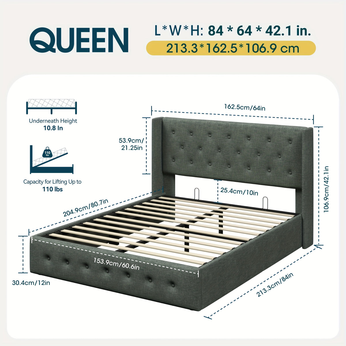 WEEWAY Lift Up Storage Bed, Modern Wingback Upholstered Headboard, Hydraulic Platform Bed, Wooden Slats Support, Heavy Duty Mattress Foundation, No Box Spring Needed, Easy Assembly, Full/Queen/King Size, for House Bedroom Furniture, Free Shipping