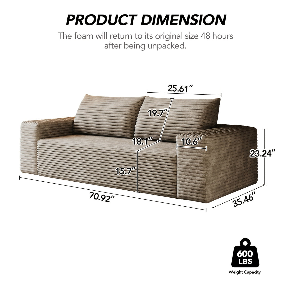 Boneless Sofas for Living Room, 71" Modern 2-Seater Sofa with Deep Seat, Comfy Cloud Sofa with Corduroy Fabric, No Assembly Couch, Loveseat Sofa for Bedroom, Dorm