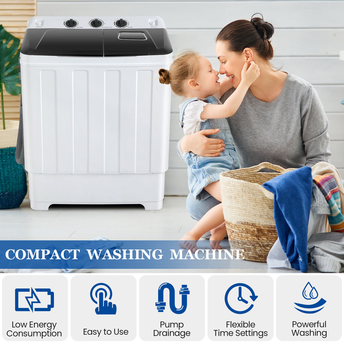 30lbs Portable Washer, Twin Tub Washer and Dryer Combo Laundry Washing Machine, Semi-Auto Washer Machine with Wash & Dehydration, 19Lbs Washer 11Lbs Spinner Laundry Appliances for Home, Apartment, Dorms, RV, Ship Cabins, Offices, Bathroom, Balcony