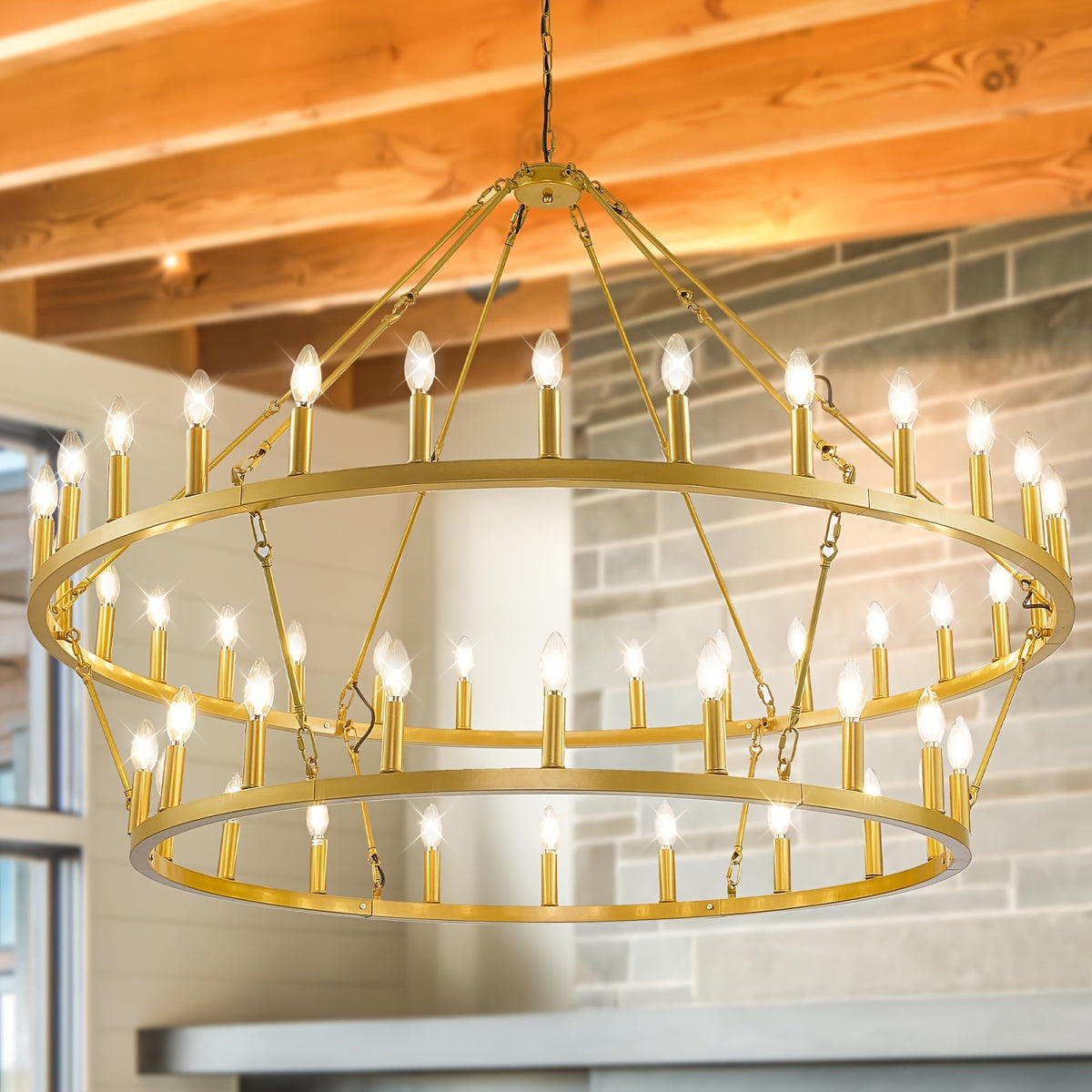 [Modern Farmhouse Chandelier] Modern Farmhouse Chandelier 2 Tier Round Wheel Chandelier Large High Ceiling Light