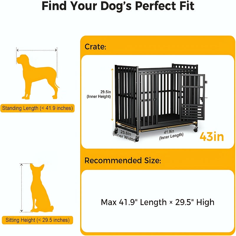 Extra Large Heavy Duty Dog Cage, 43.2 Inch - Indestructible Metal Kennel, Escape-Proof, with Lockable Wheels And Triple Doors, Ideal for High-Anxiety Pets, Indoor/Outdoor Use, High-Anxiety Pet Cage