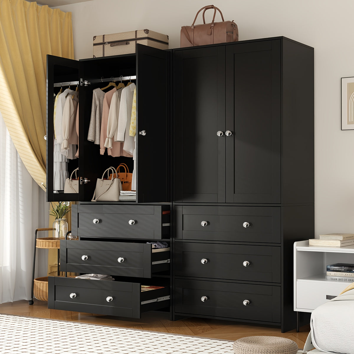 31.5" /47.3"/63" Wardrobe Armoire Closet with Mirror & Hanging Rod, Large Drawers & 2/3/4 Doors