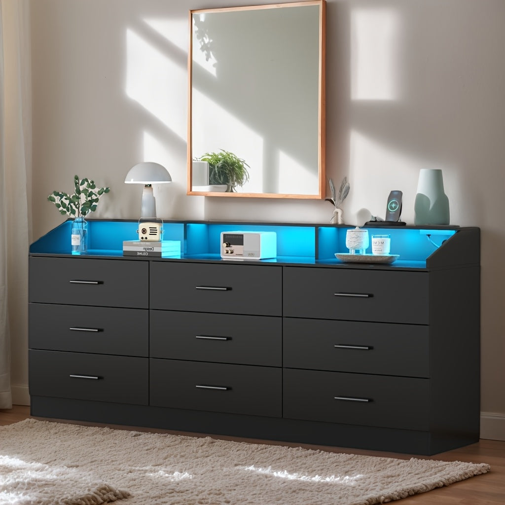 Dresser for Bedroom, Closet Organizers And Storage, Chest Of Drawers for Bedroom, 9 Drawer Double Dresser, Storage with Power Outlet & LED Lights, Storage And Organization for Closet, Furniture for Home, Living Room Furniture, Storage Drawer Units