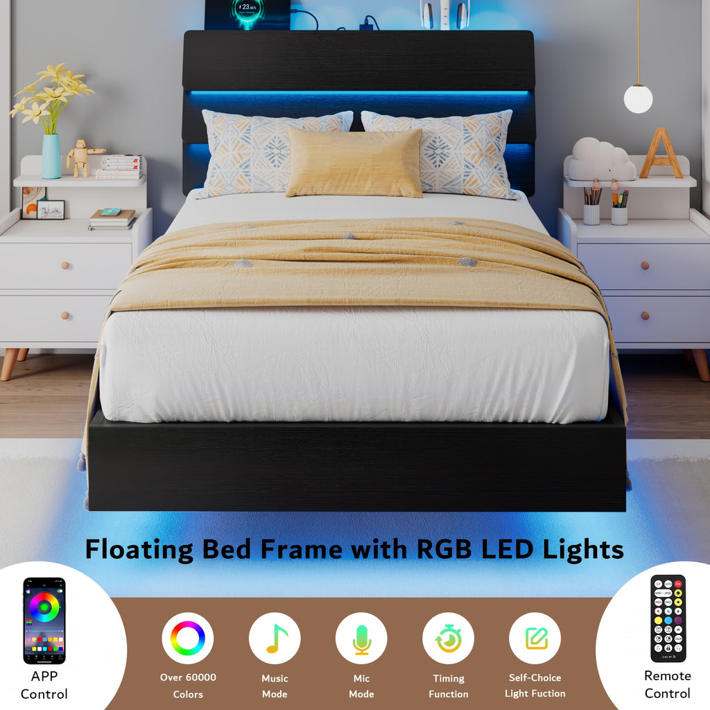 Valnase Floating Bed Frame with LED Lights & Charging Station, Platform Bed with Wooden Storage Headboard, Steel Slats Support, Easy Assembly