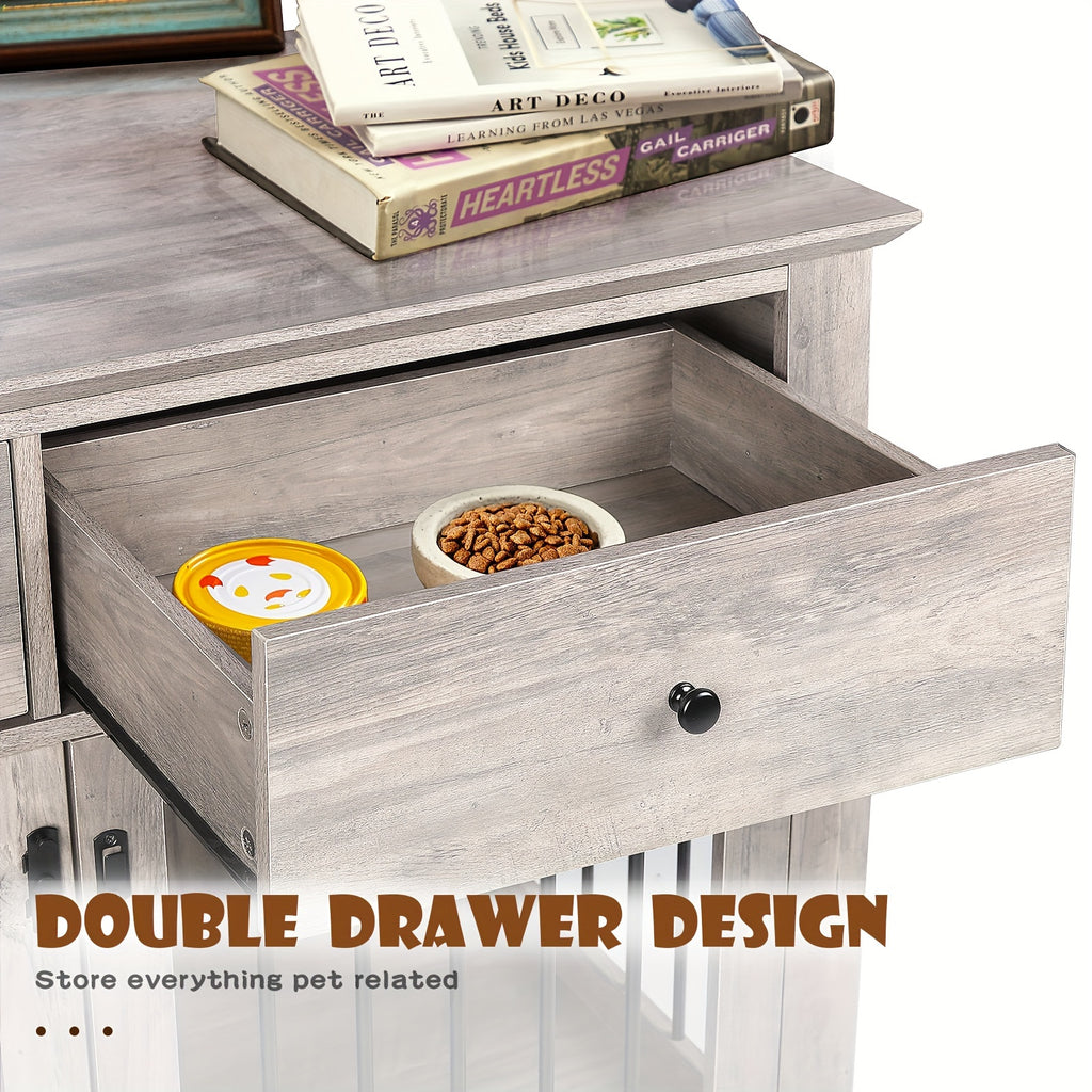 44 Inch Large Dog Crate Furniture, Wooden Dog Kennel End Table With Storage Drawers, Decorative Pet Crates Dog House Indoor For Dogs