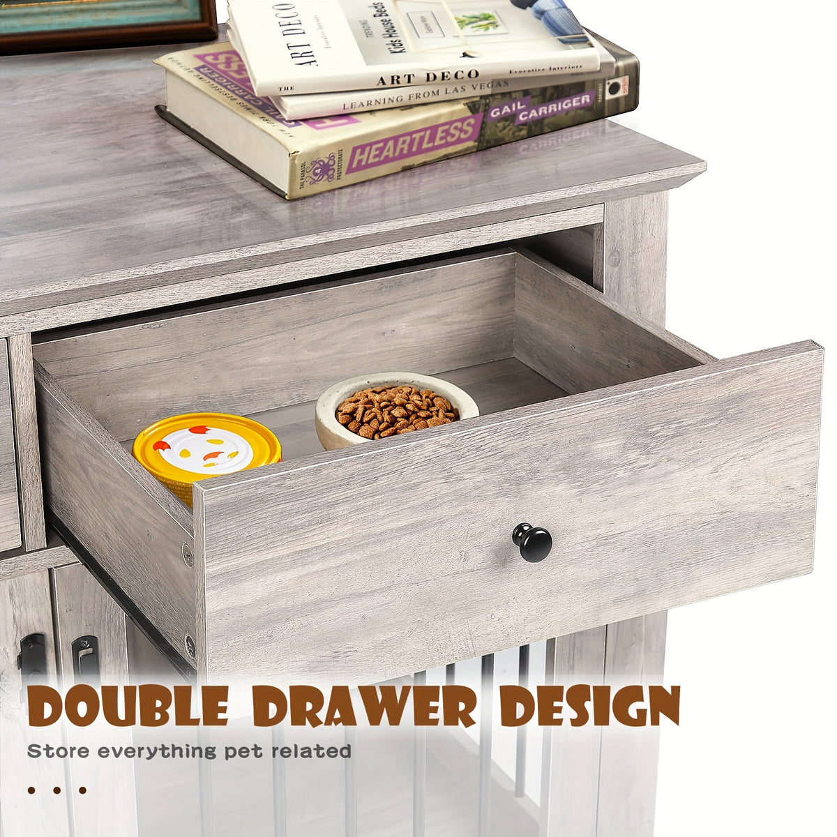 44 Inch Large Dog Crate Furniture, Wooden Dog Kennel End Table With Storage Drawers, Decorative Pet Crates Dog House Indoor For Dogs