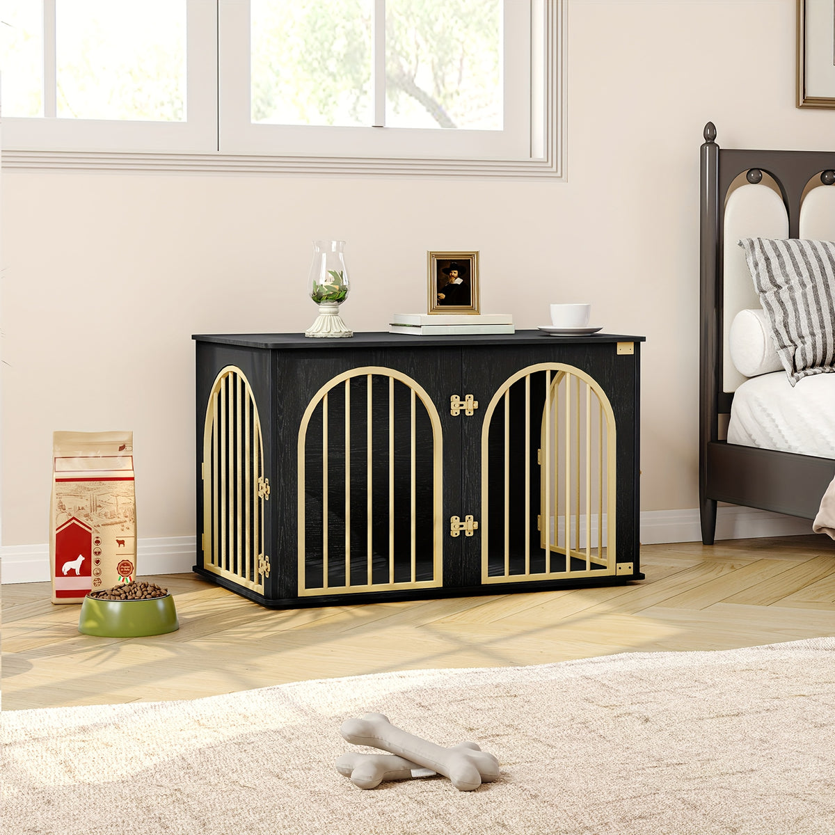 39.4'' Dog Crate Furniture - Dog Kennel Indoor Arched Door Design, Wooden Dog Crate Furniture For Small/Medium/Large Dog, Side Table, TV Stand, Anti-Chew, Anti-Escape - Rustic Brown, Black Gold, Greige Black, White Brown - For Dog Owners - Provides Safe &