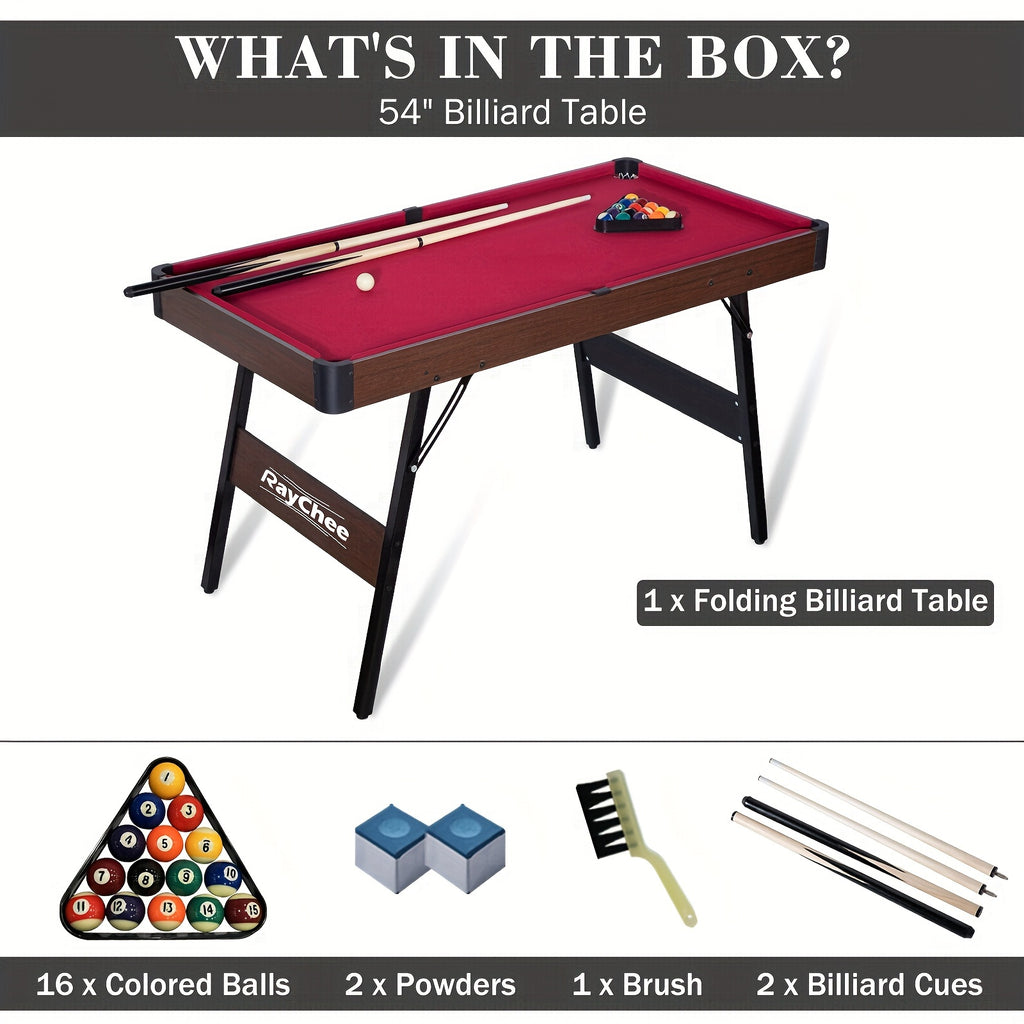 54-Inch Billiard Table, Collapsible Pool Table for Home Gaming Area, Portable Billiard Table with Reinforced And Durable Steel Legs, Adjustable And Non-Slip Foot Pads, Complete Accessory Set