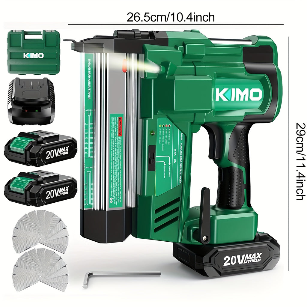 KIMO 20V Brushless Cordless Brad Nailer And Staple Gun, 2-in-1 Power Tool Kit with 2 Batteries, Fast Charger, 1000pcs 18G Nails & Staples for Woodworking, Carpentry, And DIY Projects