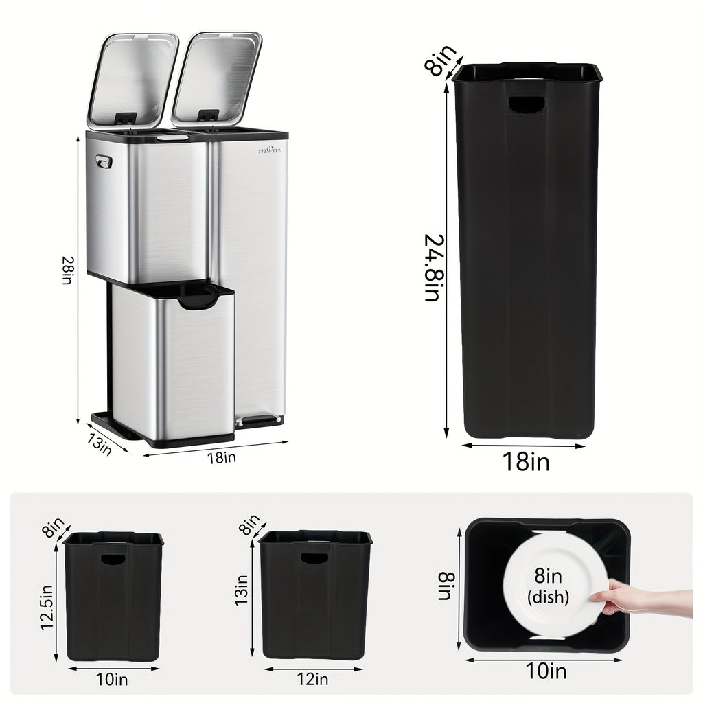 16 Gallon/60L Heavy-Duty Stainless Steel 3-Compartment Trash Can with Dual-Action Pedal & Hands-Free Operation, Odor-Proof Wet/Dry Separation System, Silent Close Lid, Removable Bins - Commercial/Residential Kitchen/Office Waste Disposal