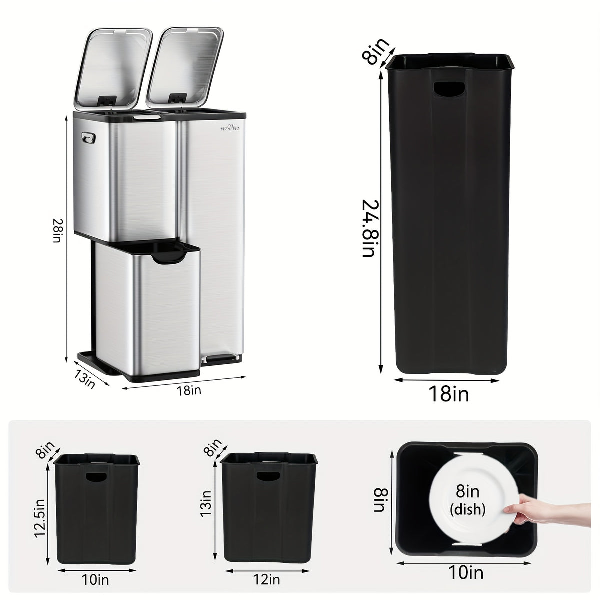 16 Gallon/60L Heavy-Duty Stainless Steel 3-Compartment Trash Can with Dual-Action Pedal & Hands-Free Operation, Odor-Proof Wet/Dry Separation System, Silent Close Lid, Removable Bins - Commercial/Residential Kitchen/Office Waste Disposal