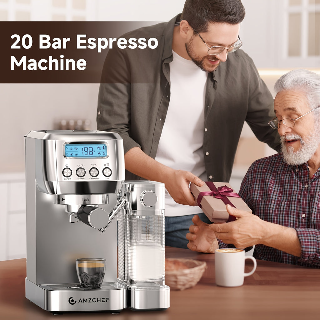 AMZCHEF Coffee Maker Machine 20 Bar, Dual Boiler Espresso Machine with Touch Control, Cappuccino Machines with Automatic Milk Frother, Latte Coffee Maker with Dual Wall And Filters, Gifts for Men/Family, Silver