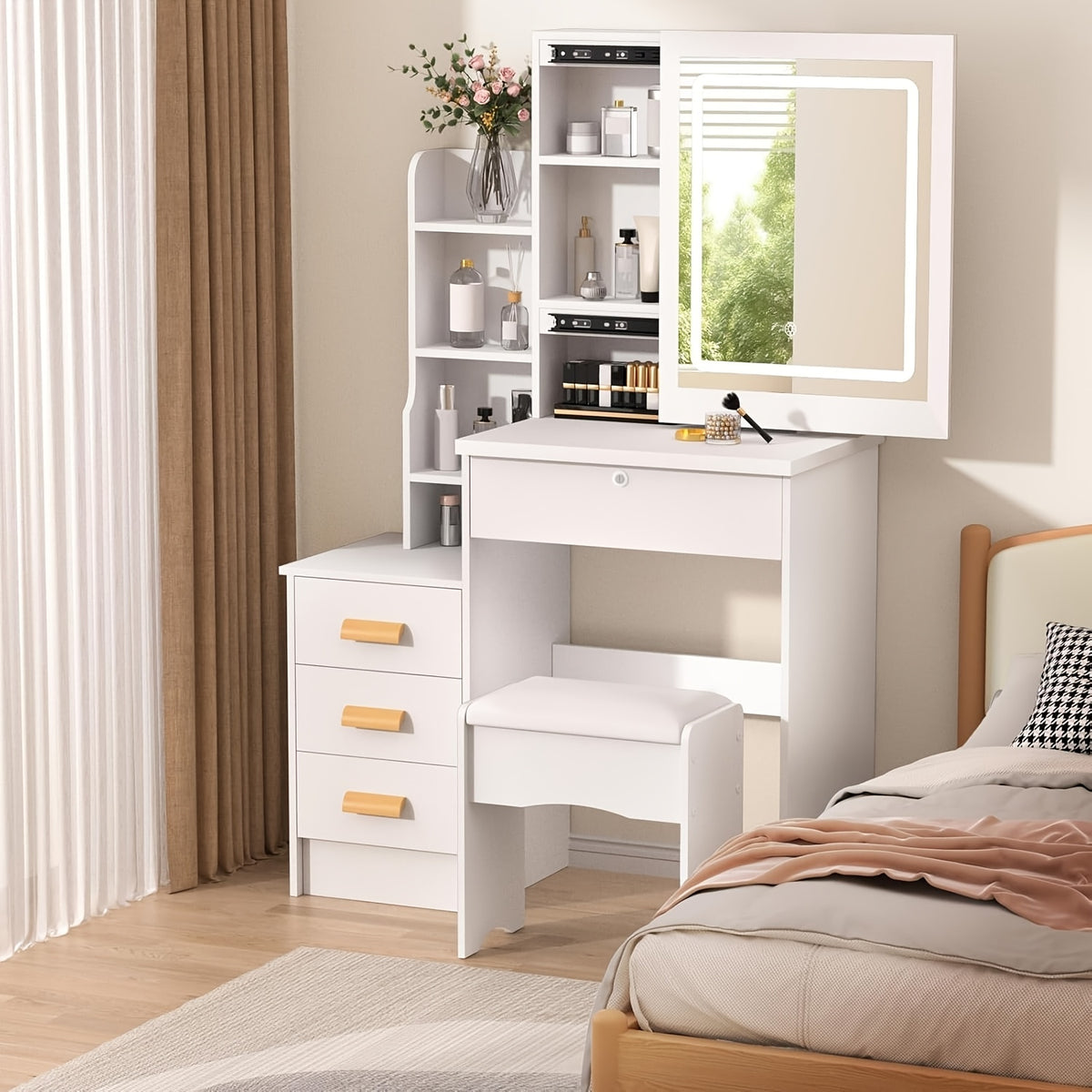 Vanity Desk with Sliding Lighted Mirror, Small Dressing Table Set with 3 Color Adjustable Lights Makeup Mirror Desk with 4 Drawers Shelves Girls Vanity Set with Stool for Bedroom Gifts