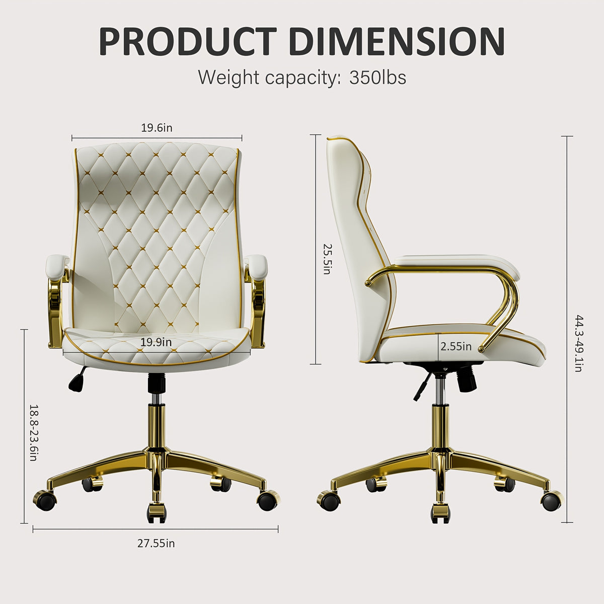 1pc Office Chair with Golden Frame, Soft Office Chair with Wheels And Padded Arms, Mid Back Executive Desk Chair, Swivel Vintage Desk Chair And Height Adjustable