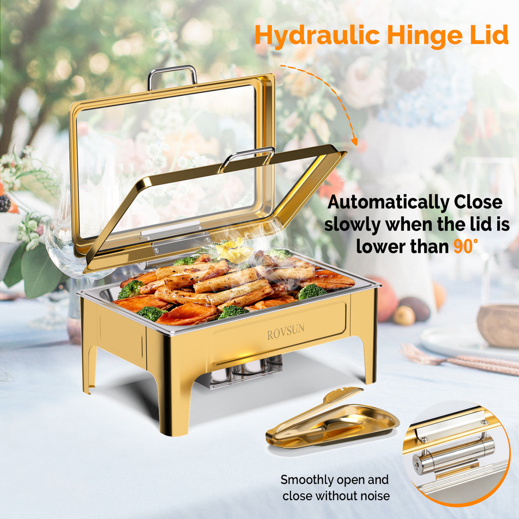 9QT square 304 stainless steel hot pot, hydraulic glass cover and food pot - golden buffet heater, suitable for catering, parties, events and home use only for cooking (1 pack))