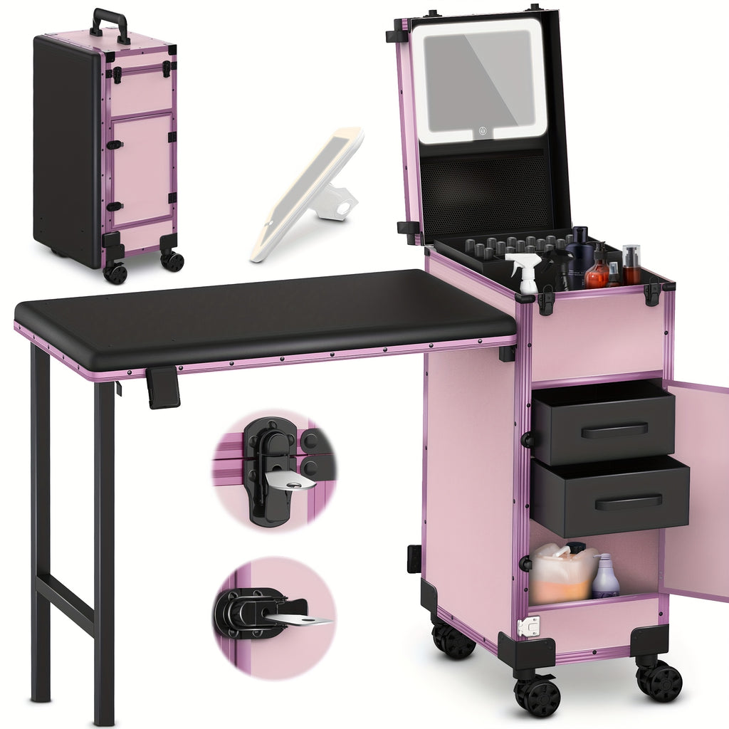 [Portable Foldable Nail Desk] Rolling Portable Manicure Table With Drawers, Mirror And Nail Polish Organizer, Lockable Makeup Train Case, Foldable Nail Desk, Bonus 3pcs Eyebrow Razors