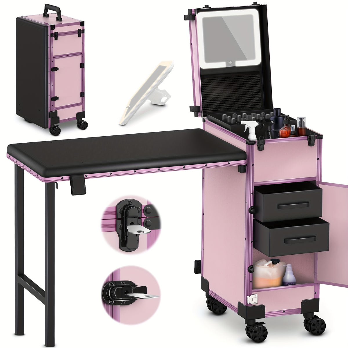 [Portable Foldable Nail Desk] Rolling Portable Manicure Table With Drawers, Mirror And Nail Polish Organizer, Lockable Makeup Train Case, Foldable Nail Desk, Bonus 3pcs Eyebrow Razors